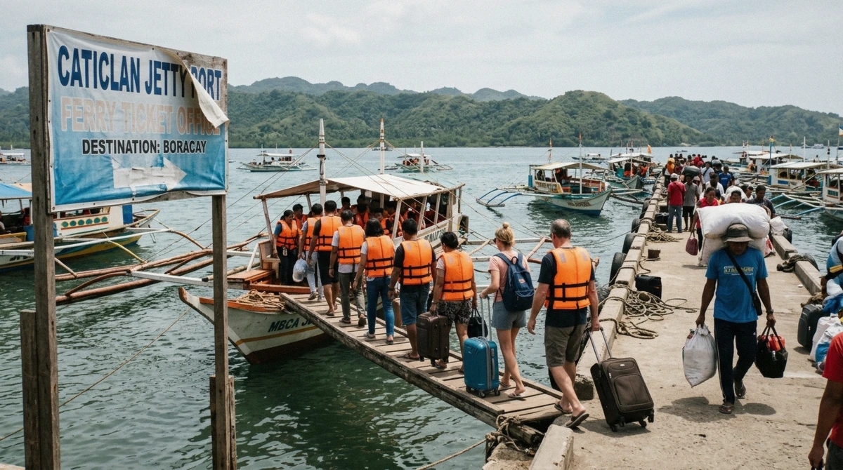 Bangka ferries and porters at Caticlan Jetty Port on the Boracay round-trip airport transfer package, Aklan, Philippines