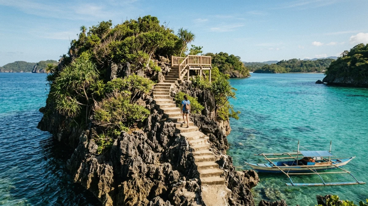 Rock steps and a view deck above turquoise water at Crystal Cove island, a paid stop on Boracay island hopping tour packages, Philippines