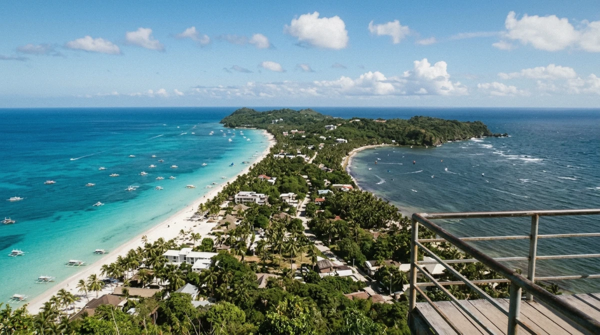View over White Beach and Bulabog from the Mount Luho view deck, the high point on Boracay land tour packages, Philippines