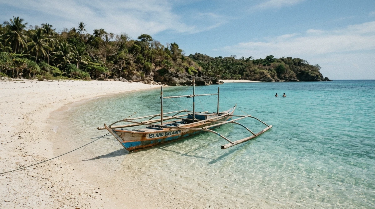 Private outrigger boat anchored in clear water off Puka Shell Beach on a Boracay private island hopping package, Philippines