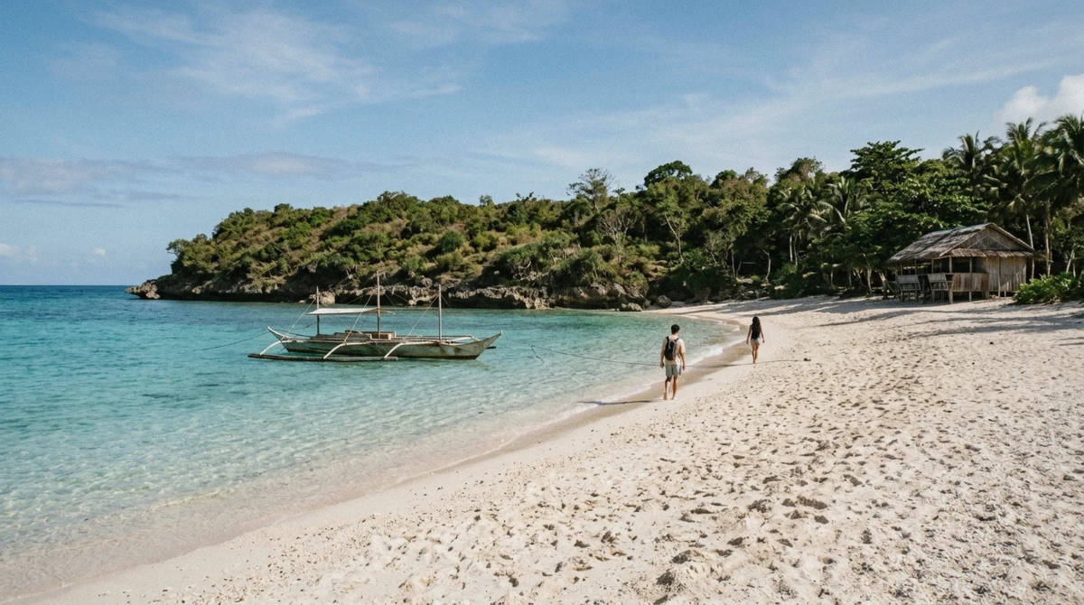 Coarse white shell sand and clear shallow water at Puka Shell Beach, the first stop on most Boracay island hopping tours, Philippines