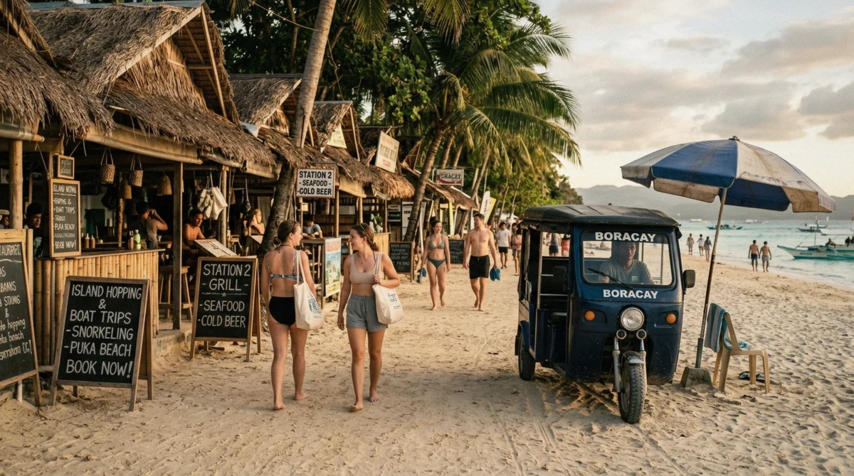 The Station 2 beach path where e-trikes are hired for the ride up to Mount Luho on a Boracay land tour package, Philippines